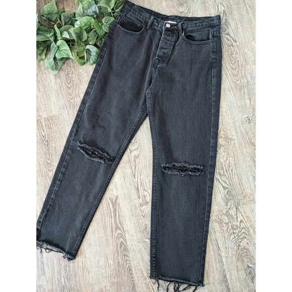 Princess Polly Jeans Denim Ripped Distressed Straight Button Fly Black Size 8 - Picture 3 of 14